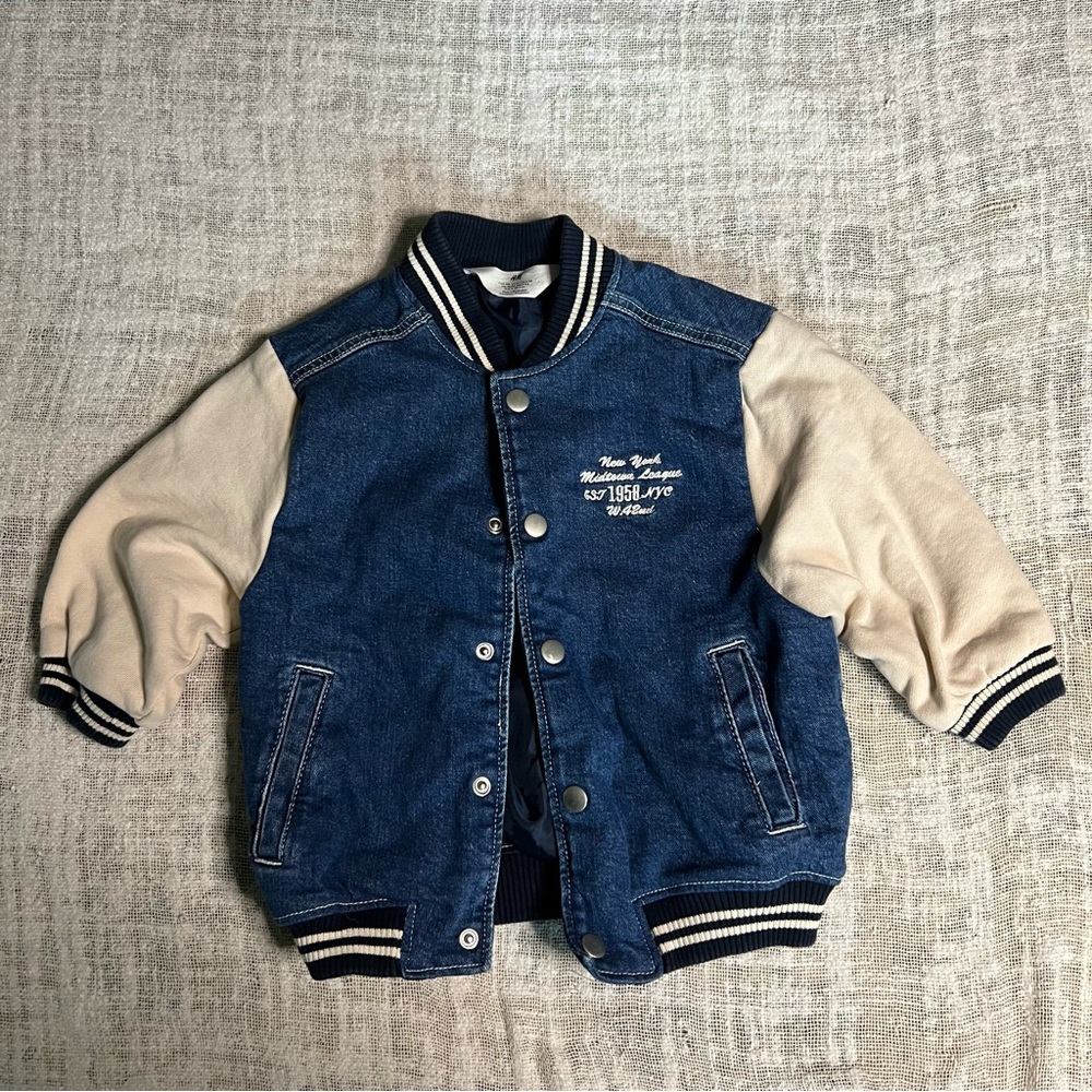 H&M Denim Blue Jean Varsity Jacket Toddler Kids Size 4T